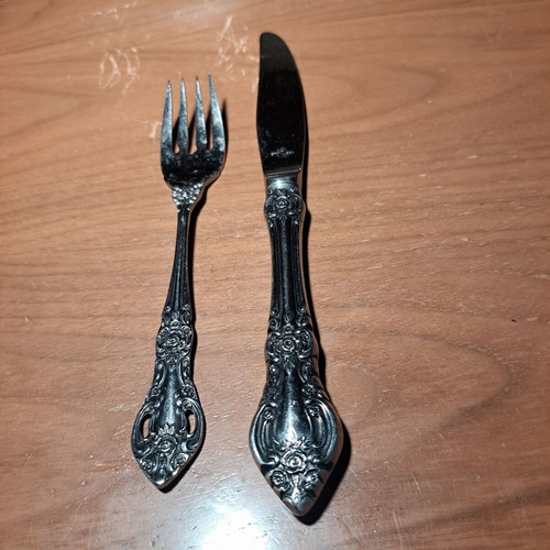 Vintage stainless steel knife and fork set Japan used, floral design
