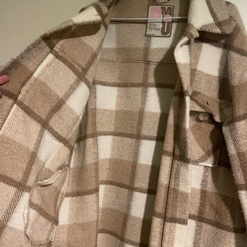 Women's checked coat used, beige brown, size Small