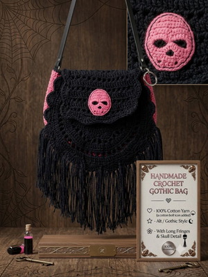 Handmade Crochet Gothic Crossbody Bag with Fringes and Skull Patch