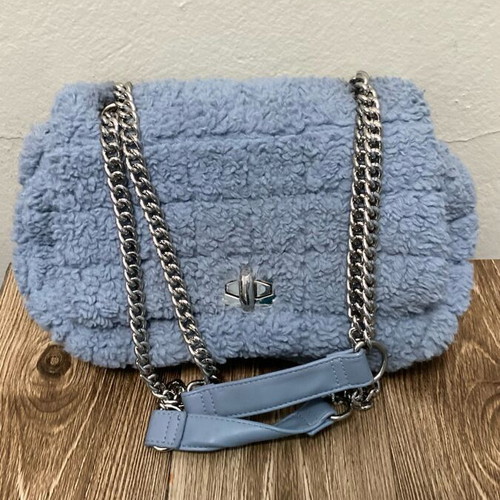 Fur bag with silver chain like new, blue and silver