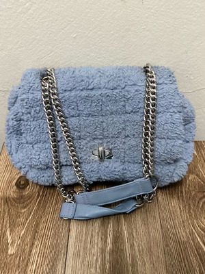 Fur bag with silver chain like new, blue and silver
