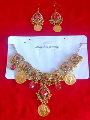 Unique folk necklace set new, copper alloy, handmade with earrings