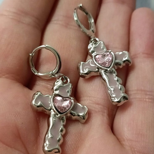 Retro women's stainless steel earrings with enamel and amethyst stone cross new