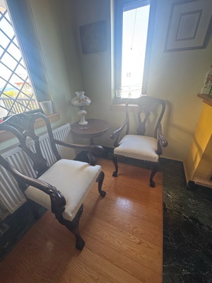Solid wood table with 2 used armchairs, carved and washable fabric