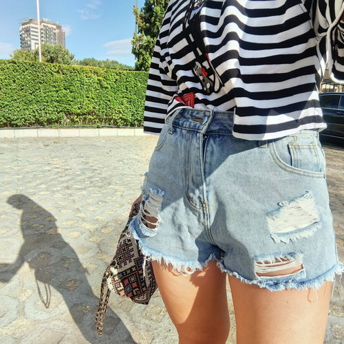Women's denim shorts, size S-M, blue and turquoise