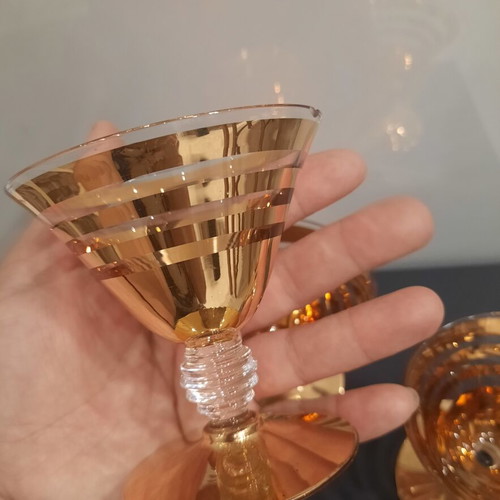 Vintage cocktail or sherbet glasses used, 1920-1950, gold stripes, ribbed stem