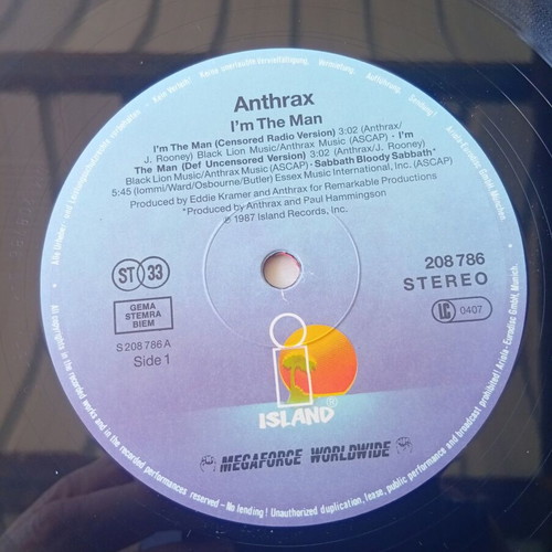 Anthrax vinyl 12 single 1987 like new