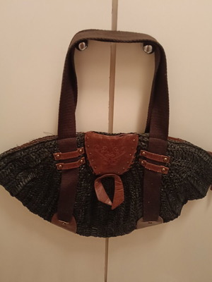 Straw bag with leather details used, gray and tan