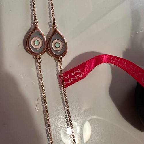 Mazaraki long necklace pink gold with blue evil eyes like new
