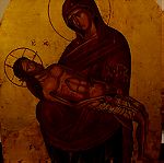 Βυζαντινή Χειροποίητη Αγιογραφία, η Παναγία με το Χριστό, ο Άγιος Ιωάννης ο Θεολόγος κ ο Άγιος Ιωσήφ ο από Αριμαθαία, τρίπτυχο, αυγοτέμπερα σε παλιό ξύλο με μουσαμά, με φύλλο χρυσού , πεπαλαιωμένη