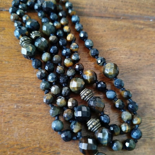 Blue Tiger Eye Malas Necklace like new with bronze elements, 80 cm