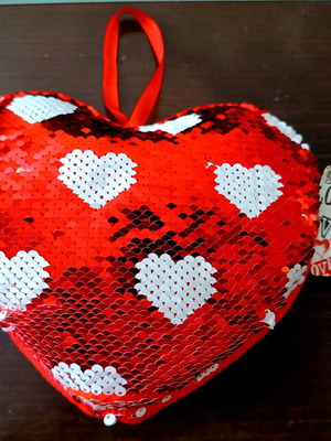 Heart-shaped hanging pillow with reversible sequins, new