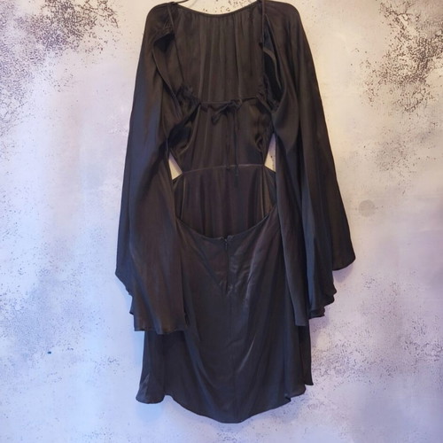 Black mini dress used with open back and bell sleeves, size S