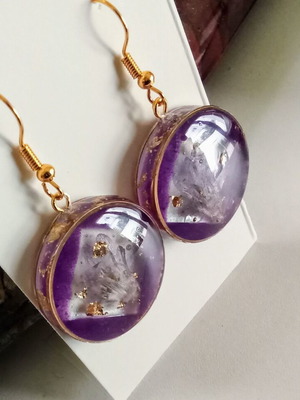 Handmade purple earrings with gold leaf and dried flowers, new