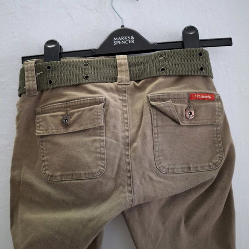 Vintage flare khaki pants with military belt, size XS, like new