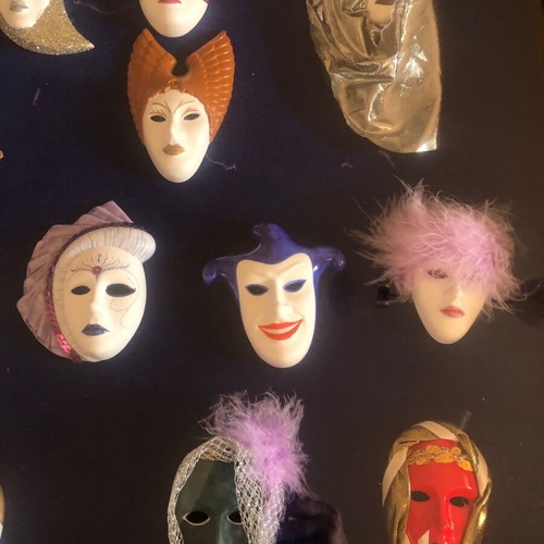 Venetian masks Greek collectible circle, 16 pieces with wooden display case