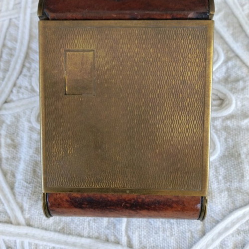 Cyma table clock used, Swiss made, brass with leather