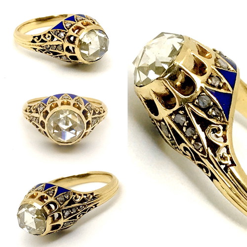 Vintage solitaire ring with 1.10ct diamond and blue enamel
