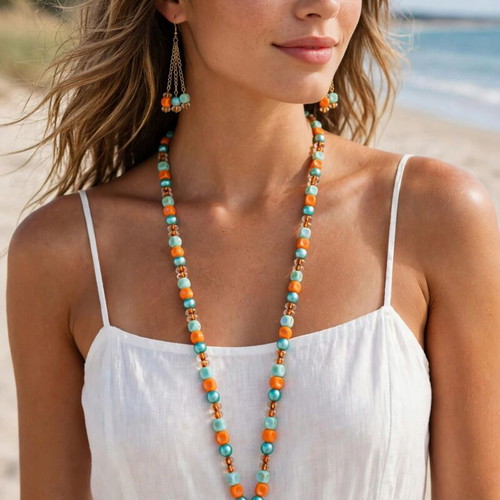 Handmade orange and green color long necklace and earrings set