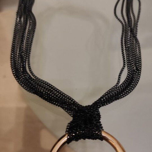 Long gold necklace with black chains new, heavy piece