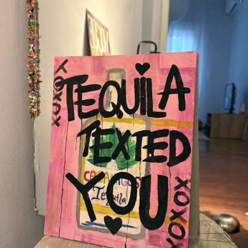 Handmade painting “Tequila Texted You” like new, decorative with pink tones