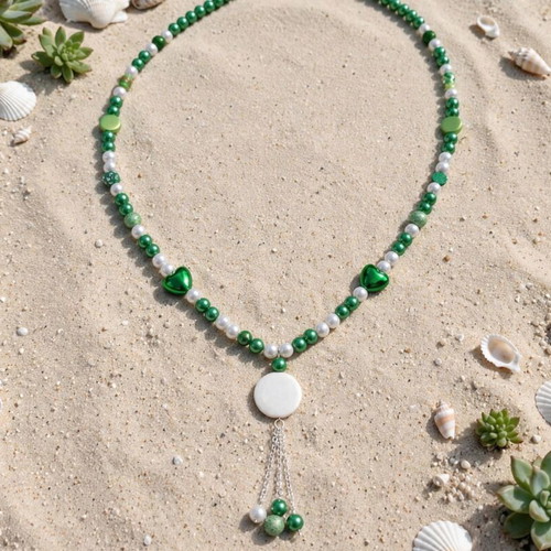 Handmade acrylic beaded necklace and earrings set green and white, new