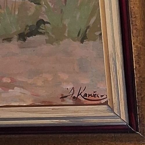 Antonis Kanas 'Agrotikon, Athens - Mesogeia' oil on wood painting