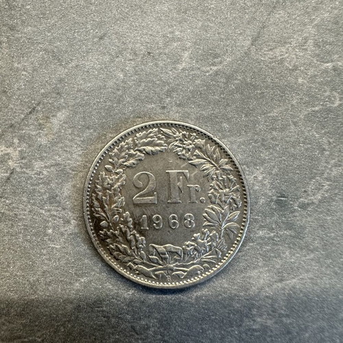 Swiss 2 Franc Coin used, 1968, cupronickel