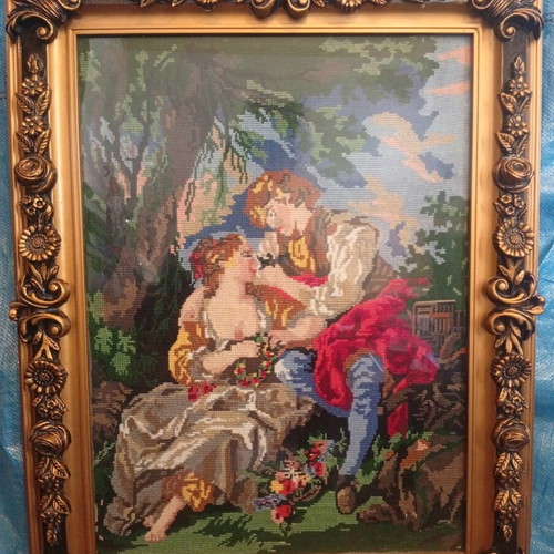 Embroidery painting with romantic couple, 60×79 cm, like new