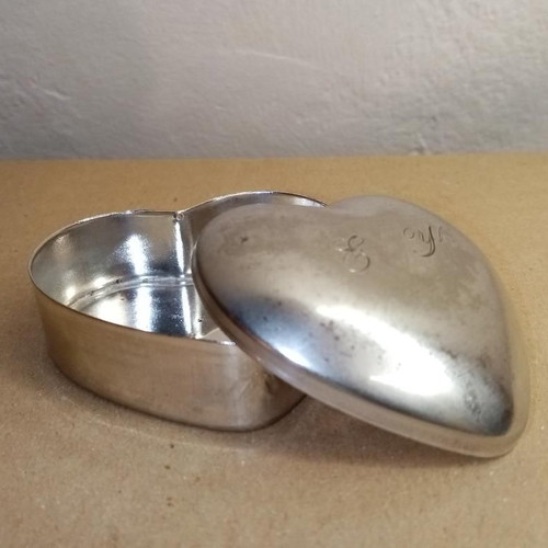 Vintage silver plated baptism box used, heart shape 6x6 cm