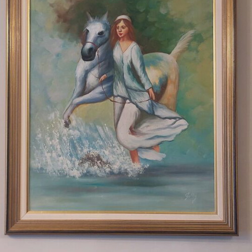 Oil painting of girl with white horse in water like new