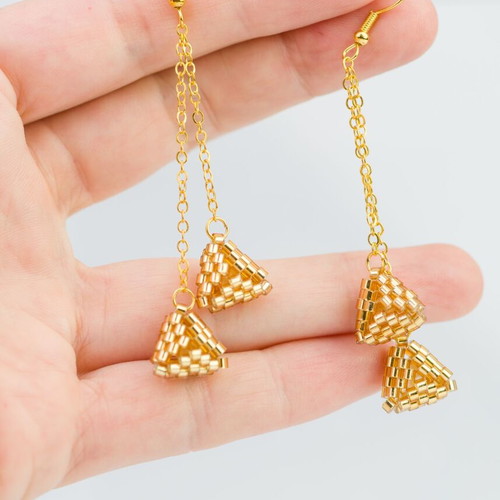 Gold Earrings with Triangular Glass Beads handmade