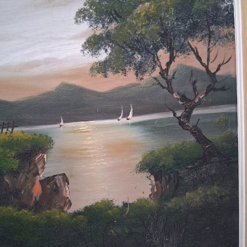 Oil painting "Landscape" with lake, vintage, gold carved frame