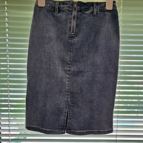 Denim pencil skirt new with modern rips and faded blue color, size S
