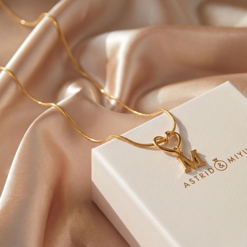 18K Gold Initial M Heart Necklace Stainless Steel New