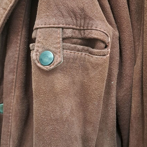Men's suede jacket used, vintage brown-burgundy with hood, size M