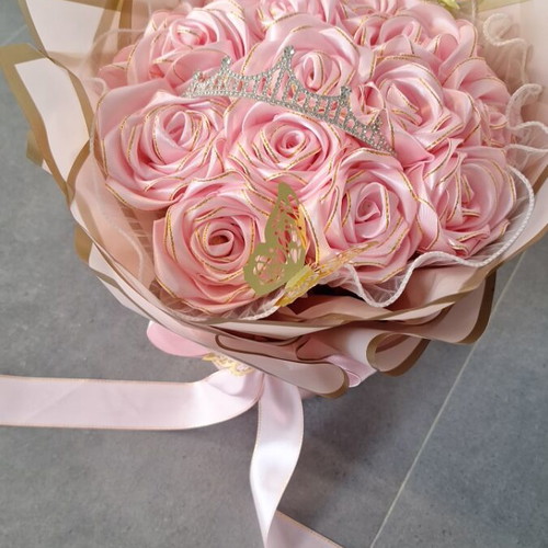 Handmade satin rose bouquet with tiara and golden butterflies