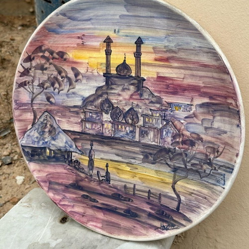 Handmade decorative plate with oriental landscape used, vintage