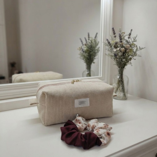 Handmade XL toiletry bag beige with scrunchie, new