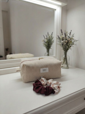 Handmade XL toiletry bag beige with scrunchie, new
