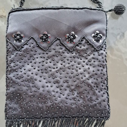 Vintage grey satin evening bag embroidered with beads, 14x15 cm