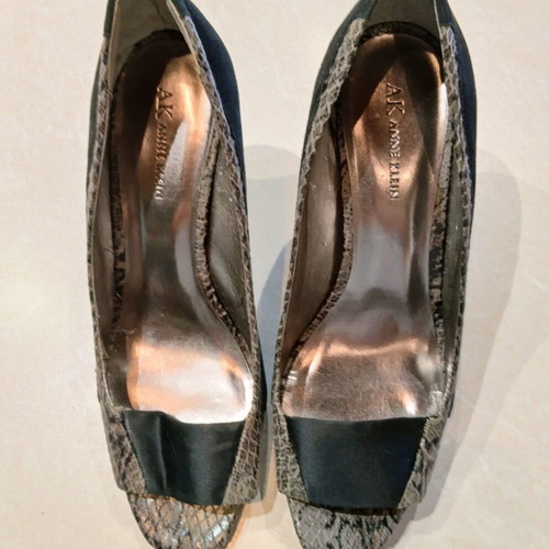 Anne Klein peep toe suede pumps with snake print and satin details