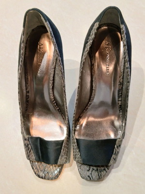 Anne Klein peep toe suede pumps with snake print and satin details
