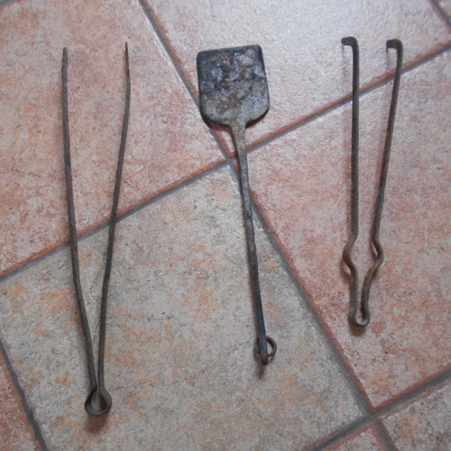 Old fireplace accessories tools used, set of 3 pieces
