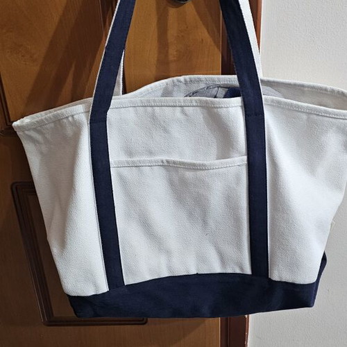 Canvas Shoulder Bag used, beige and blue, spacious summer style