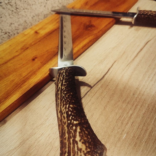 Hunting butcher knives, handmade, leather sheaths, set of 2