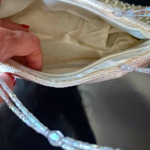 Evening bag used, shoulder type with beaded embroidery in white and gold