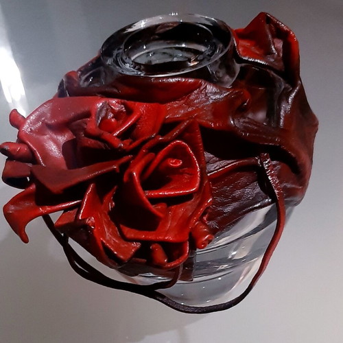 Handmade vintage blown glass vase with genuine leather decoration, new