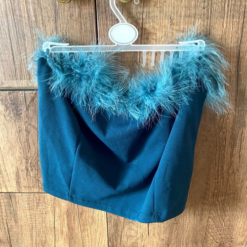 Strapless Top teal blue with feather trim size S-M like new