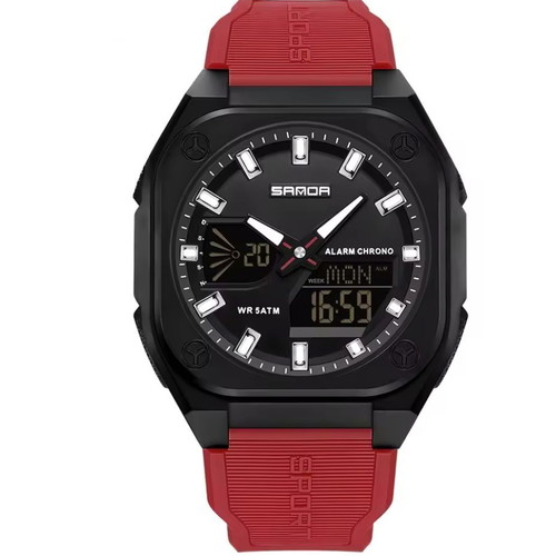 Modern analog and digital watch new, black and red